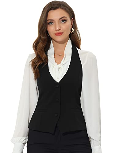 Allegra K Damen Weste Neckholder Vintage Ärmellos Jacke Button Down Dressy Anzug Weste, Schwarz , M von Allegra K