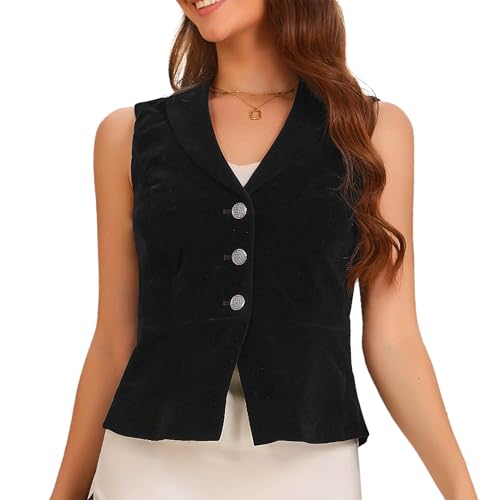 Allegra K Damen Weste Samt Ärmellos Button Down Revers V-Ausschnitt Anzugwesten Schwarz S von Allegra K