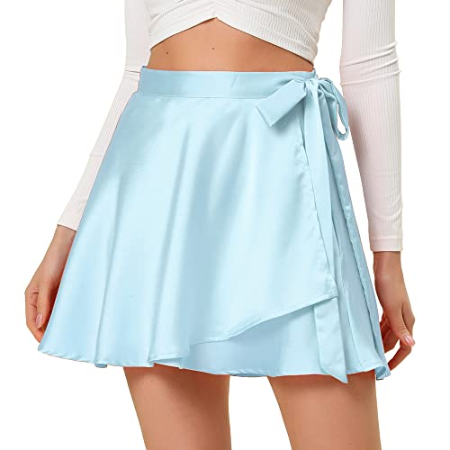 Allegra K Damen Wickelrock Skater Röcke Hohe Taille Satin Minirock, hellblau, Klein von Allegra K