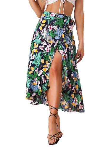 Allegra K Damen-Wickelrock mit tropischem Blumendruck, Rüschen, selbstbindend, Knoten, geteilt, Strand, Hawaii-Wickelrock, Dunkelblau, Mittel von Allegra K
