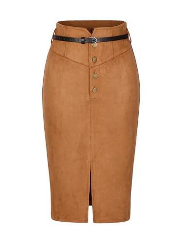 Allegra K Damen Wildlederimitat Rock Hohe Taille A-Linien Knopfleiste Schlitzrock Braun S von Allegra K