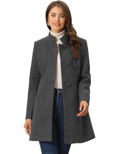 Allegra K Damen Winter Mantel Mid-Long Stehkragen Wolle Einreiher Mantel Oberbekleidung, Tiefes grau, L von Allegra K