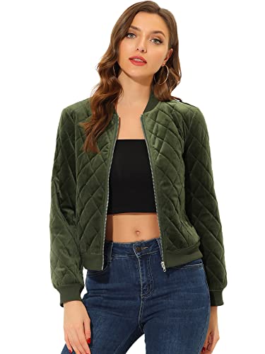 Allegra K Damen Winter Outwear Reißverschluss Samt Oberfläche Diamant Gesteppte Bomberjacke mit Taschen, Grün , Large von Allegra K