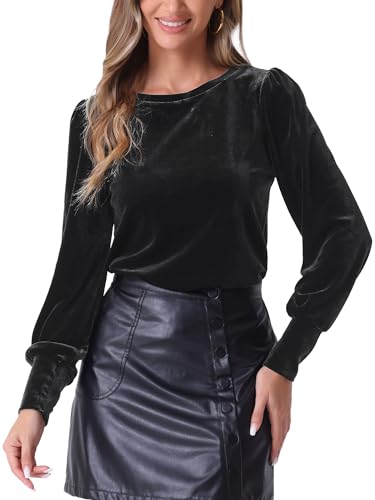 Allegra K Damen Winter Samtbluse Rundhals Puffärmel Lässige Pullover Blusen Oberteil Schwarz S von Allegra K