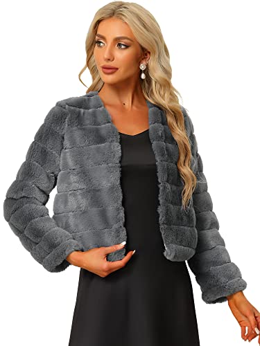 Allegra K Damen Winter Warm Cropped Jacke Kragenlos Kunstfell Flauschiger Mantel, grau, 38 von Allegra K