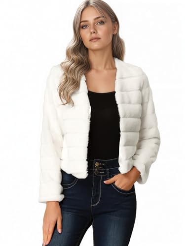 Allegra K Damen Winter Warm Cropped Jacke Kragenlos Kunstpelz Flauschiger Mantel, Weiß, Medium von Allegra K