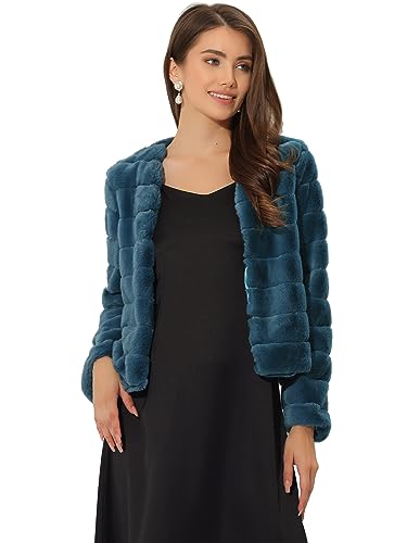 Allegra K Damen Winter Warm Cropped Jacke Kragenlose Kunstpelz Flauschiger Mantel, dunkelgrau blau, 46 von Allegra K