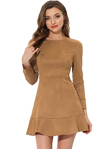 Allegra K Damen Winterkleid Langarm Lässig Rüschensaum Reißverschluss Wildlederimitat Minikleid Kleid Braun L von Allegra K