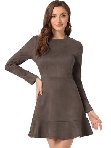 Allegra K Damen Winterkleid Langarm Lässig Rüschensaum Reißverschluss Wildlederimitat Minikleid Kleid Dunkelbraun M von Allegra K