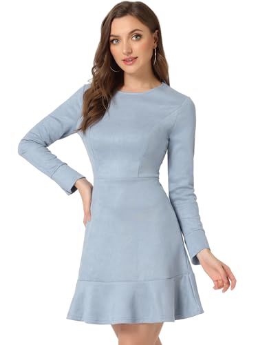 Allegra K Damen Winterkleid Langarm Lässig Rüschensaum Reißverschluss Wildlederimitat Minikleid Kleid Grau Blau M von Allegra K