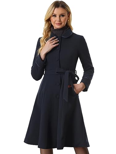 Allegra K Damen Wintermantel Bubikragen Single Breasted Einreihig Swing Gürtel Mantel Navy blau XL von Allegra K