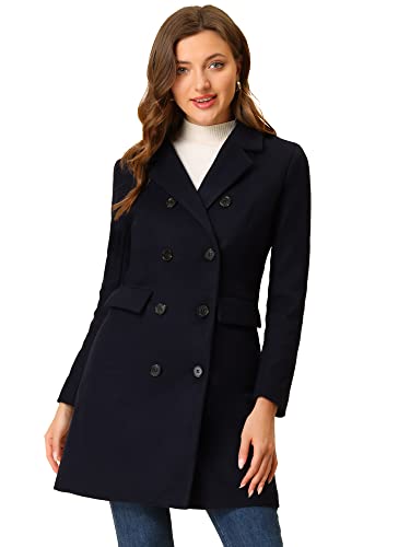 Allegra K Damen Wintermantel Elegant Gekerbt Revers Zweireihig Trenchcoat, Dunkelblau, L von Allegra K