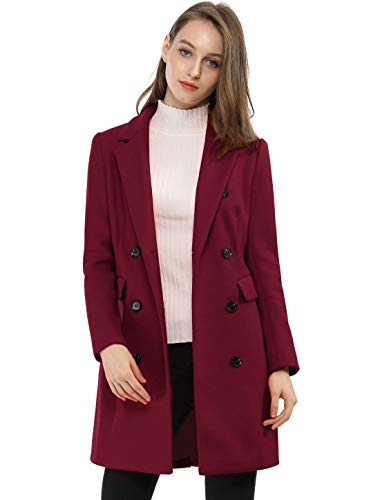 Allegra K Damen Wintermantel Elegant gekerbtes Revers Zweireihiger Trenchcoat, Burgunder, L von Allegra K