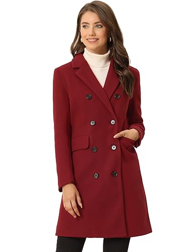 Allegra K Damen Wintermantel Elegant gekerbtes Revers Zweireihiger Trenchcoat, Dunkelrot, XS von Allegra K