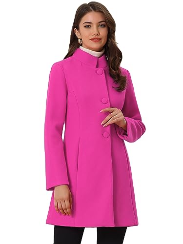 Allegra K Damen Wintermantel Mid-Long Stehkragen Einreiher Mantel Oberbekleidung, Knallpink (Hot Pink), XS von Allegra K