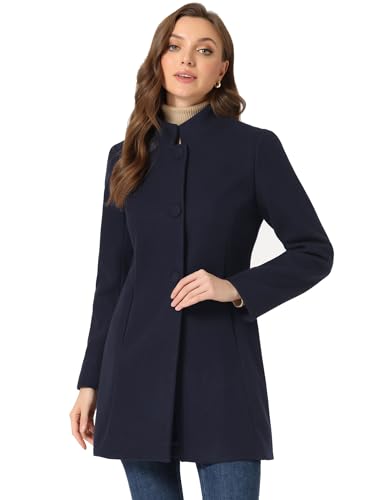Allegra K Damen Wintermantel Mid-Long Stehkragen Einreiher Mantel Oberbekleidung, Marineblau, XS von Allegra K