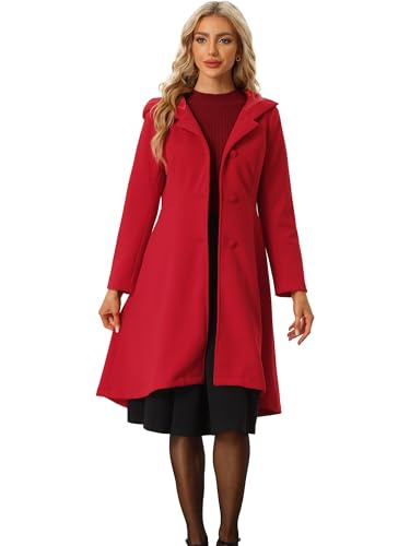 Allegra K Damen Wintermantel Mit Kapuze Knopfverschluss Knopfleiste Midi Mantel Mit Taschen Rot M von Allegra K