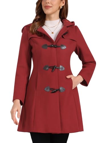 Allegra K Damen Wintermantel Mitte Oberschenkel Kapuze Toggle Duffle Long Coat, Dunkelrot, L von Allegra K