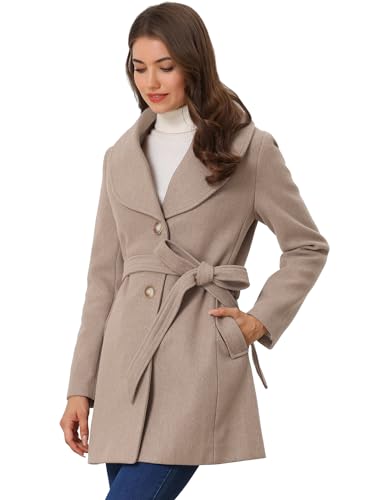 Allegra K Damen Wintermantel Umlegekragen Einreiher Bindegürtel Trenchcoat Lang Mantel Hell Khaki L von Allegra K