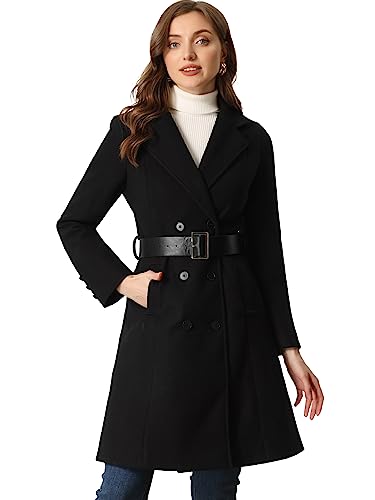 Allegra K Damen Klassisch Wintermantel Revers und Gürtel Zweireihig Overcoat Mantel Schwarz L von Allegra K