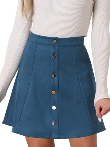 Allegra K Damen Winterrock A-Linie Hohe Taille Wildleder Knopfleiste Minirock Rockabilly Mini Rock Pfauenblau XS von Allegra K
