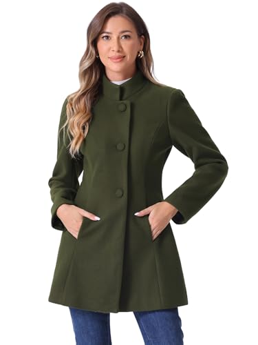 Allegra K Damen-Winterübermantel, mittellang, Stehkragen, Einreiher, Oberbekleidung, Armeegrün, XS von Allegra K