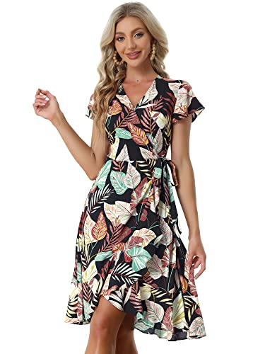 Allegra K Damen Wrap Fit and Flare Tropischem Blumenmuster Midi Sommerkleid Schwarz M von Allegra K