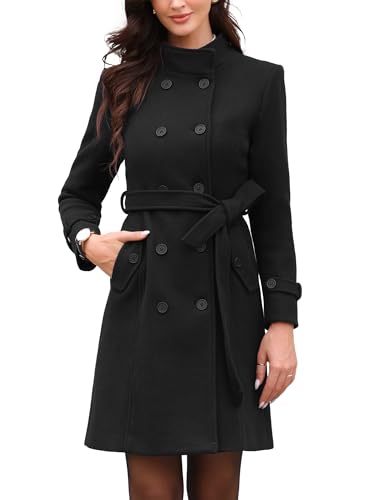 Allegra K Damen Zweireihiger Trenchcoat Elegante Langärm Mantel mit Taschen Schwarz L von Allegra K