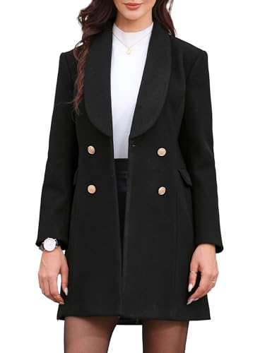 Allegra K Damen Zweireihiger Wintermantel Revers Langen Ärmeln Business Elegant Mantel mit Taschen Schwarz XS von Allegra K