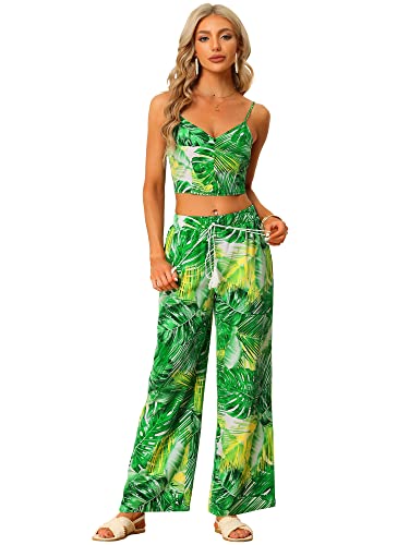 Allegra K Damen Zweiteilig Outfit Cami Crop Top Tropischem Druck Elastischer Bund Weites Bein Hosen Set Grün L von Allegra K