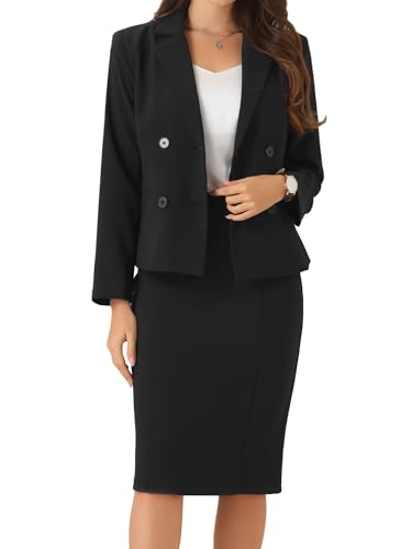 Allegra K Damen Zweiteiliger Business-Anzug Langärm Arbeitsoutfit Blazer Jacke Rock Set Schwarz XL von Allegra K
