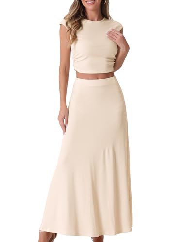 Allegra K Damen Zweiteiliges Rock Set Lässig Gerippter Strick Rundhals Kurzärm Bauchfreies Oberteil Elastischer Bund A-Linien Midirock Beige XS von Allegra K