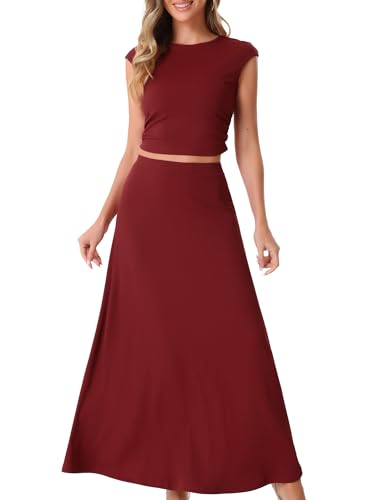 Allegra K Damen Zweiteiliges Rock Set Lässig Gerippter Strick Rundhals Kurzärm Bauchfreies Oberteil Elastischer Bund A-Linien Midirock Dunkelrot S von Allegra K