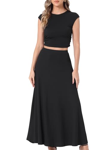 Allegra K Damen Zweiteiliges Rock Set Lässig Gerippter Strick Rundhals Kurzärm Bauchfreies Oberteil Elastischer Bund A-Linien Midirock Schwarz XS von Allegra K