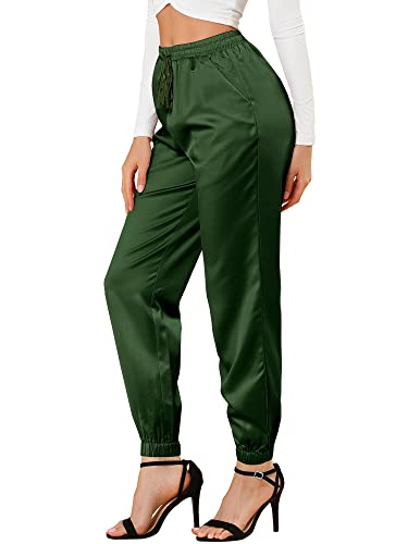 Allegra K Damen Satin Elastische Taille mit Kordelzug Knöchellange Athleisure Jogger Hose mit Tasche Dunkelgrün XL von Allegra K