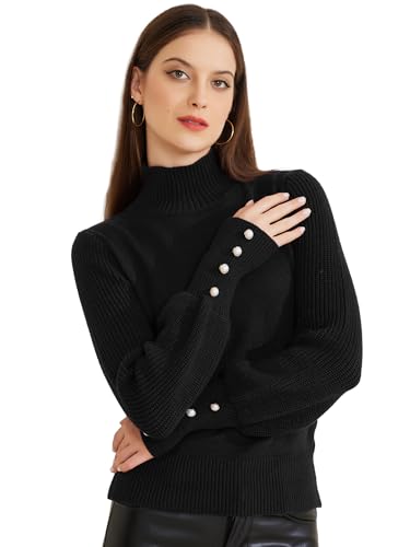 Allegra K Damen gerippter Langarm-Rollkragenpullover Stretch Winter Strickpullover Top, Schwarz, Groß von Allegra K