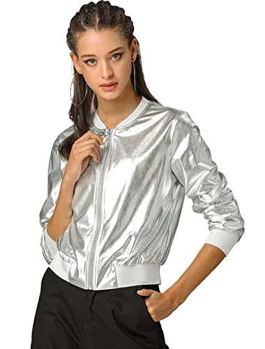 Allegra K Damen glitzernde holografische leichte 90er Jahre glänzende Metallic-Bomberjacke, silber, 3XL von Allegra K