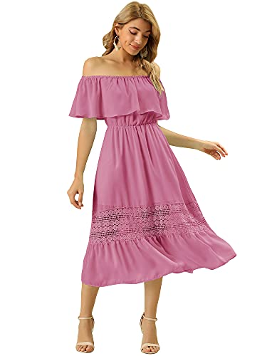 Allegra K Damen hoher Taille Schulterfreier Rüschen-Spitzeneinsatz Kurzarm-Maxikleid Rosa S von Allegra K