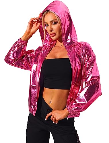 Allegra K Damen holographisch glänzende lange Ärmel Reißverschluss Kapuze Metallic Jacke Gr. 34, hot pink von Allegra K