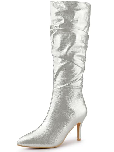 Allegra K Damen kniehohe Stiefel mit spitzem Zehenbereich, Slouch Stiletto Heels, silber, 40.5 EU von Allegra K