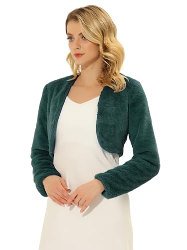 Allegra K Damen Bolero Langarm Braut Winterjacke Kurz Geschnittene Offenem Fell Kunstpelz Hochzeits Mantel Dunkelgrün M von Allegra K