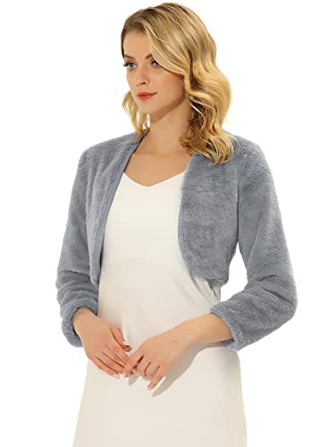 Allegra K Damen Bolero Langarm Braut Winterjacke Kurz Geschnittene Offenem Fell Kunstpelz Hochzeits Mantel Grau S von Allegra K