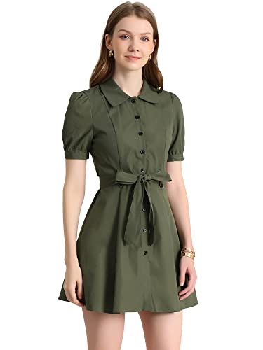 Allegra K Damen mit Puffärmeln Button Down A Linie und Gürtel Hemdkleid Grün M von Allegra K