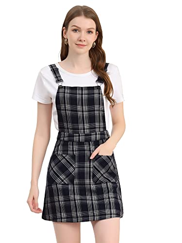 Allegra K Damen verstellbarer Riemen über dem Knie Plaid gedruckt Overall Kleid Strapsrock, Blau-Aprikose, Groß von Allegra K