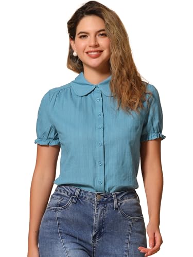 Allegra K Damenbluse mit kurzen Ärmeln, Bubikragen, Knopfleiste, Blau Grau, Mittel von Allegra K
