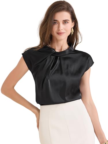 Allegra K Damenbluse aus Satin mit Flügelärmeln und plissiertem Ausschnitt, lässig, fürs Büro Schwarz XL von Allegra K