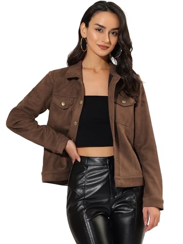 Allegra K Damenjacke mit Umlegekragen, Pattentaschen, Druckknopf, Wildlederimitat, Kaffee, L von Allegra K