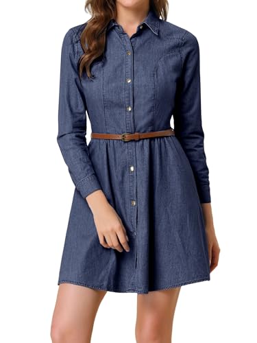 Allegra K Damenkleid aus Denim mit Gürtel, ausgestellt, oberhalb des Knies, dunkelblau, Medium von Allegra K