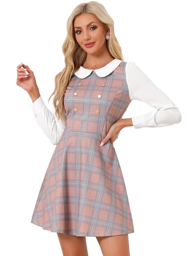 Allegra K Damen-Minikleid mit Peter-Pan-Kragen, Kontrastfarbe, Knopf-Dekor, A-Linie, kariert, Weihnachten, Pink, Groß von Allegra K