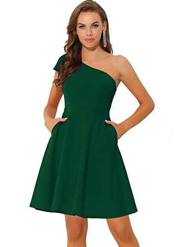 Allegra K Elegante Kleider für Damen Schleife Eine Schulter mit Taschen A-Linie Cocktail Party Kleid, dunkelgrün, 42 von Allegra K